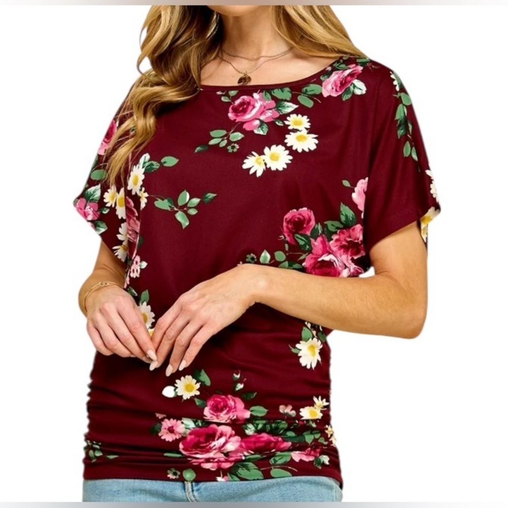 Made by Johnny Women's Floral Dolman Drape Burgundy Top with Side Ruching Size S